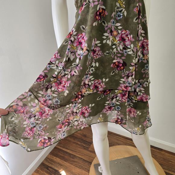 White House Black Market 12P Dress Fairy Floral Velvet Trim Y2K Green Asymmetric - Picture 7 of 16